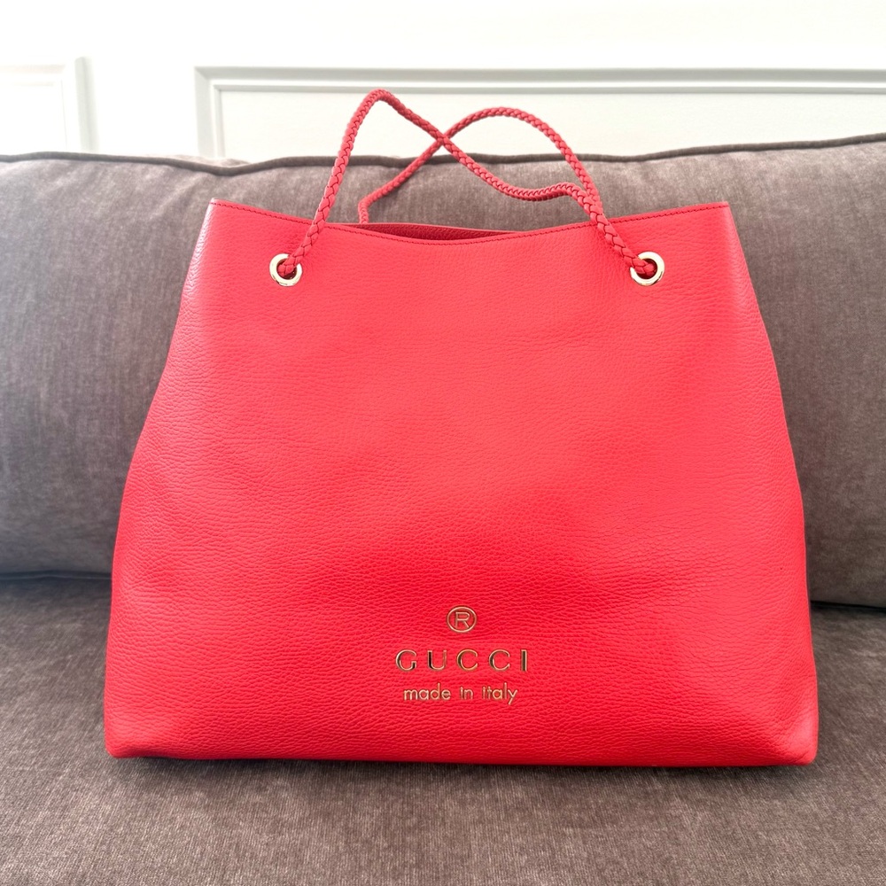 Authentic Gucci Gifford Tote Bag coral red leather large size braided handles